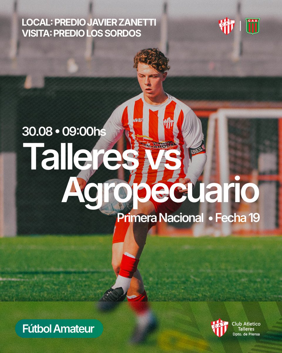 𝐉𝐮𝐞𝐠𝐚𝐧 𝐥𝐨𝐬 𝐣𝐮𝐯𝐞𝐧𝐢𝐥𝐞𝐬 ⚽️ 🫡

🏆 P.Nacional - Fecha 19
C.A.Talleres vs Agropecuario

Predio J. Zanetti 
Cuarta: 9:00 hs
Quinta: 11:00 hs
Sexta: 13:00 hs

Predio Los Sordos -Gonnet-
Séptima: 10:00 hs
Octava: 12:00 hs
Novena: 14:00 hs

#JuegaTalleres 🇦🇹