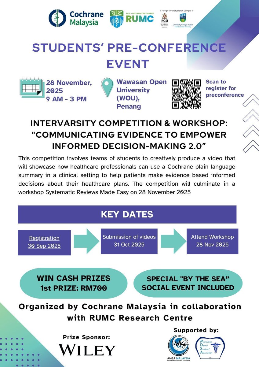 📢ONE MONTH left to register!
🎁🌟You could win cash prizes and attend our special social event!
🚨 Registration deadline: 30 September 2025
📝Join now: forms.gle/33HUBpCfHczCGR…
🔗For further information: bit.ly/4lWfUJ8
#CochraneMalaysia #RUMC