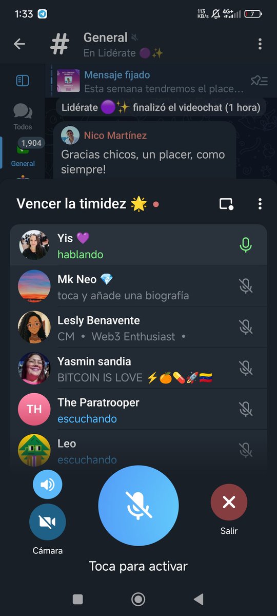 Interesante charla en la comunidad de Telegram de <a href="/Liderateinfluye/">Lidérate 🟣</a> 
Gracias <a href="/Yisbelpd/">Yis 💜</a> por enseñarnos algo tan importante como vencer la timidez
