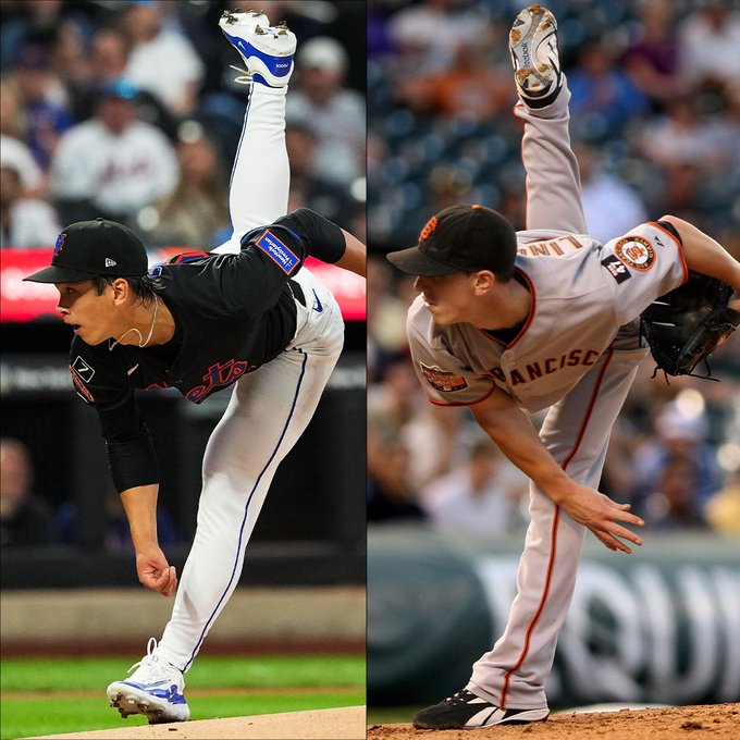 Left - Jonah Tong kicks his right leg high above his head while following through on a pitch. He is wearing a black New York Mets jersey and a black cap. (Photo: Evan Yu - Major League Baseball)
Right - Tim Lincecum kicks his right leg high above his head while following through on a pitch. He is wearing a gray San Francisco Giants jersey and a black cap.