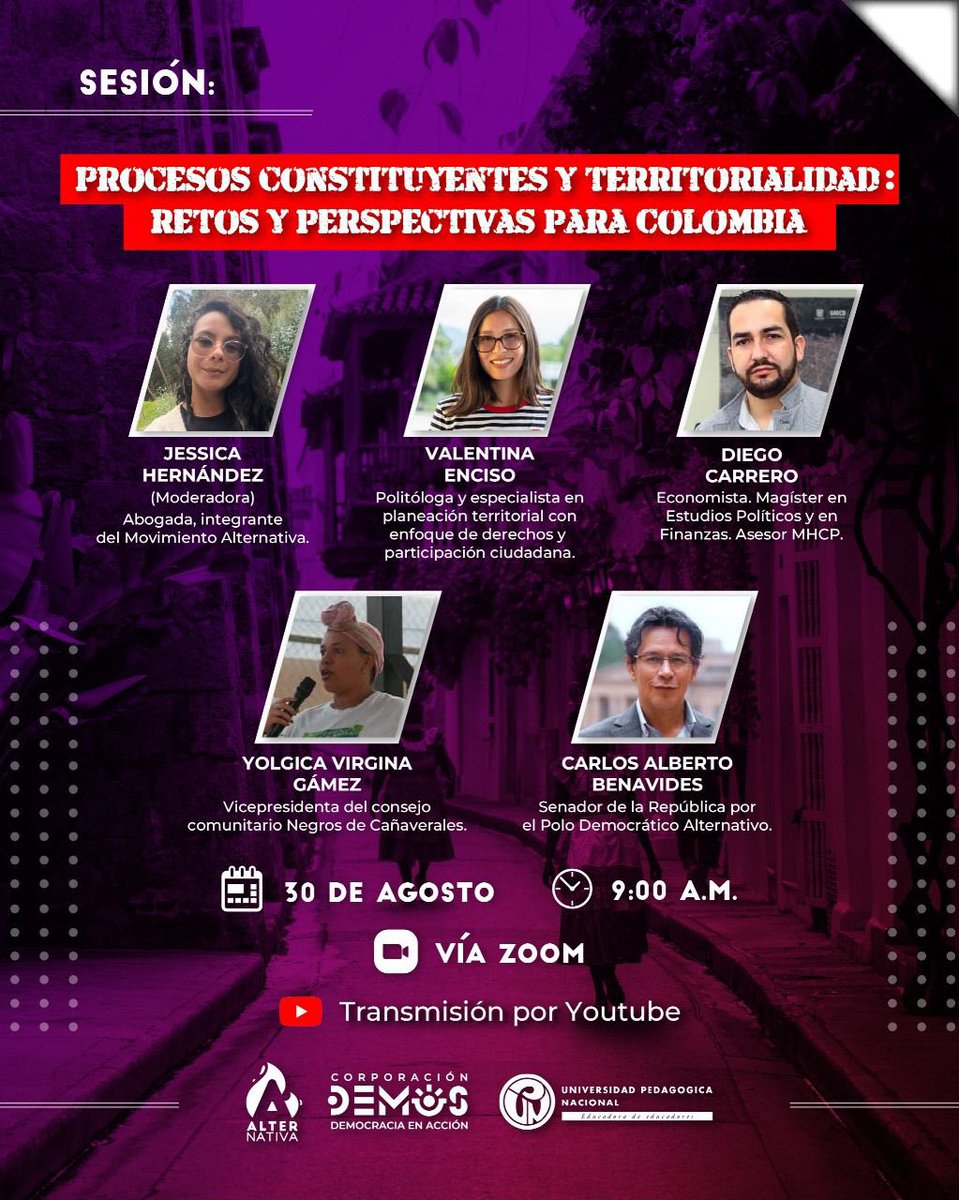 Mañana todas y todos invitados.

🏡👨🏽‍🌾⚖️✊🏼🇨🇴
Procesos constituyentes y territorialidad: retos y perspectivas para Colombia.

Con:

- Jessica Hernández – Abogada, integrante del Movimiento Alternativa. (Moderadora)

- Valentina Enciso – Politóloga y especialista en planeación