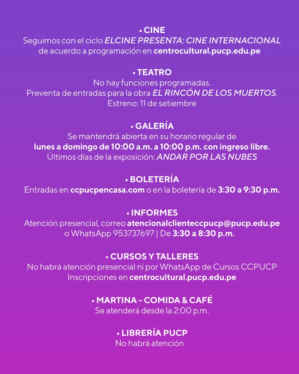 Conoce nuestros horarios de atención de hoy, 30 de agosto.