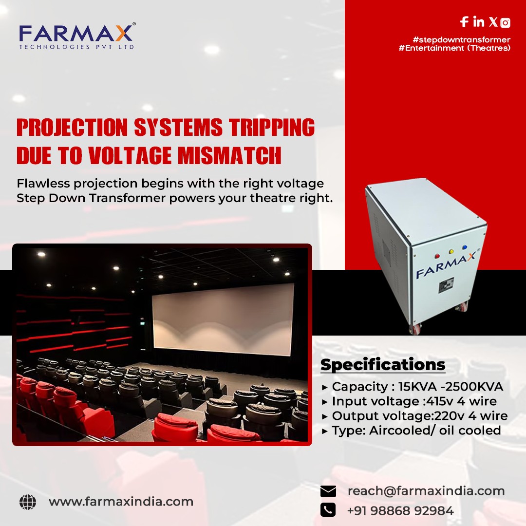 FarmaxT's tweet image. 🎥 PROJECTION SYSTEMS TRIPPING DUE TO VOLTAGE MISMATCH?
Don&apos;t let unstable voltage ruin your showtime!
📞 Call or WhatsApp: 98868 92984
🌐 Learn more: farmaxindia.com
#projectionpower #voltagematters #theatresolutions #stepdowntransformer #ReliablePower #ElectricalSafety