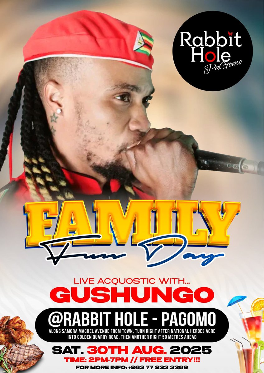 Mafaro ari kutanga maskati nhasi, tisati taenda ku aTete aTete Concert totanga tambo feeder tsuro nehusangu langu pa The Rabbit Hole Restaurant

Come and enjoy with the whole family, music and delicious healthy food

📍PaGomo (just before National Heroes Acre)