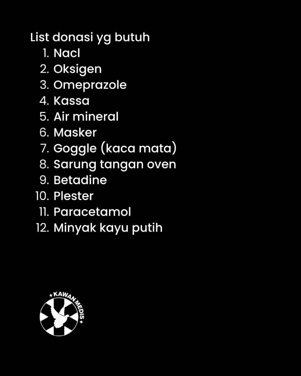 Informasi dari <a href="/barengwarga/">Bareng Warga - #IndonesiaGelap</a> 

Kawan-kawan medis membutuhkan dukungan segera untuk aksi lapangan. Berikut daftar kebutuhan donasi:

1. NaCl
2. Oksigen
3. Omeprazole
4. Kassa
5. Air mineral
6. Masker
7. Goggle (kacamata)
8. Sarung tangan oven
9. Betadine
10. Plester
11. Paracetamol
