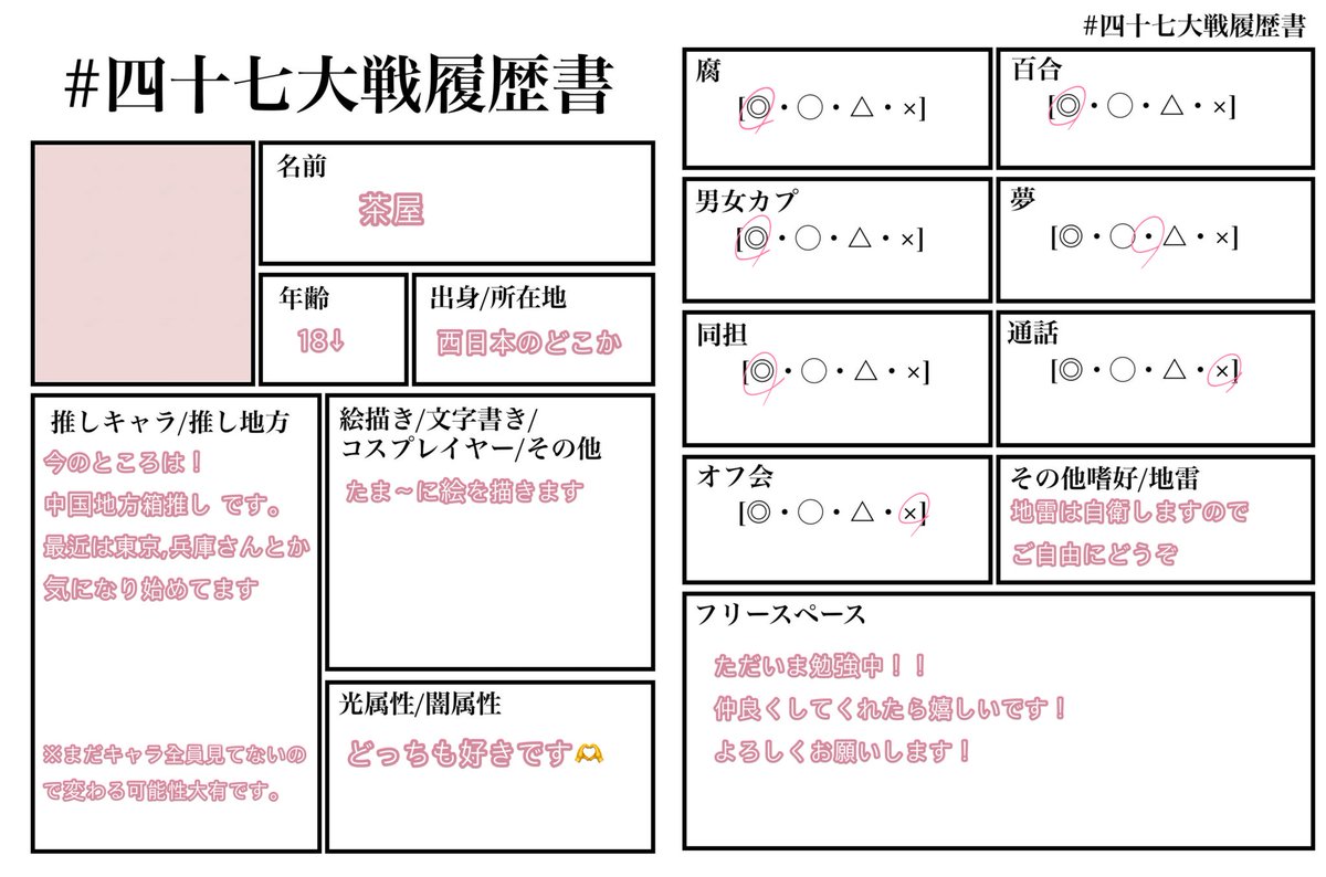 #四十七大戦履歴書
#四十七大戦好きな人と繋がりたい 

ハマったばかりの新参です！
良ければお友達になってください!!
よろしくお願いします(⋆ᴗ͈ˬᴗ͈)”