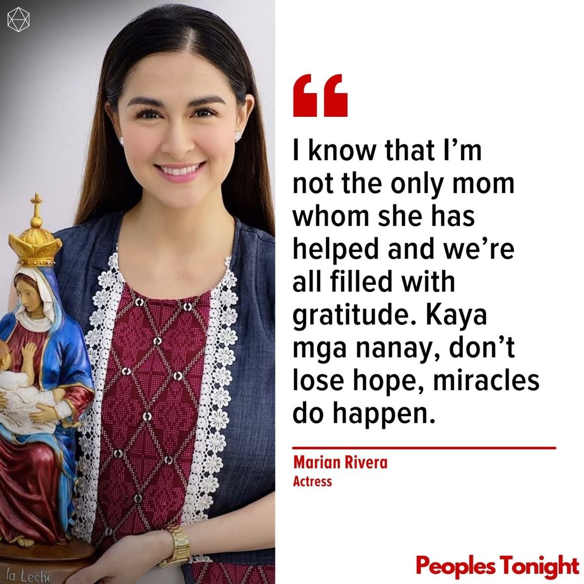 Nag-no-nobena umano ang aktres na si Marian Rivera at ang buo niyang pamilya kay Mama Mary para matiyak na may sapat siyang gatas noong baby pa lamang ang kanyang anak na si Ziggy.

Dahil din umano rito, nakakapag-donate siya ng gatas sa ibang nanay na hindi gaanong