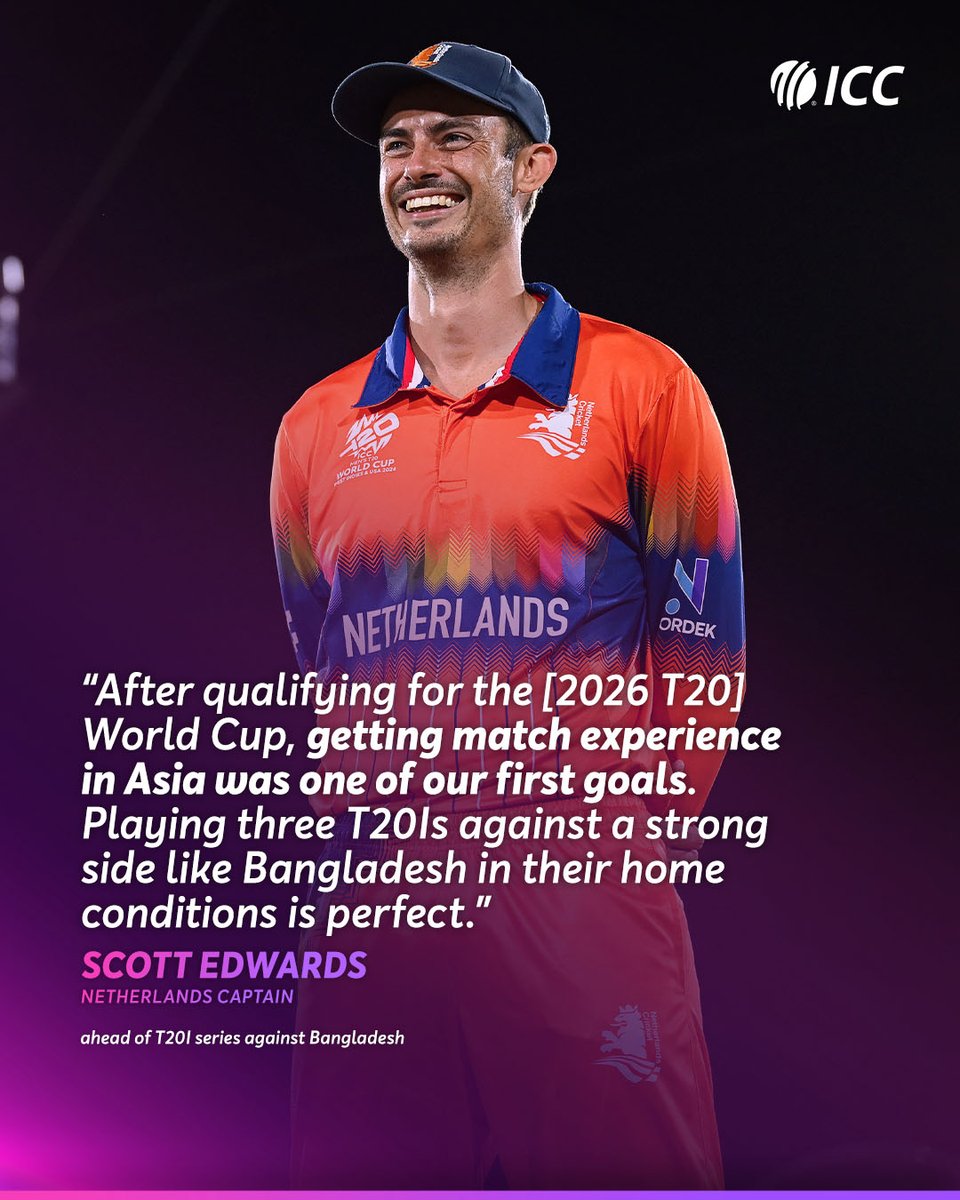 Scott Edwards is eyeing the bigger picture as the Netherlands take on Bangladesh in a three-match T20I series, starting 30 August 👀
 
➡️ icc-cricket.com/news/netherlan…