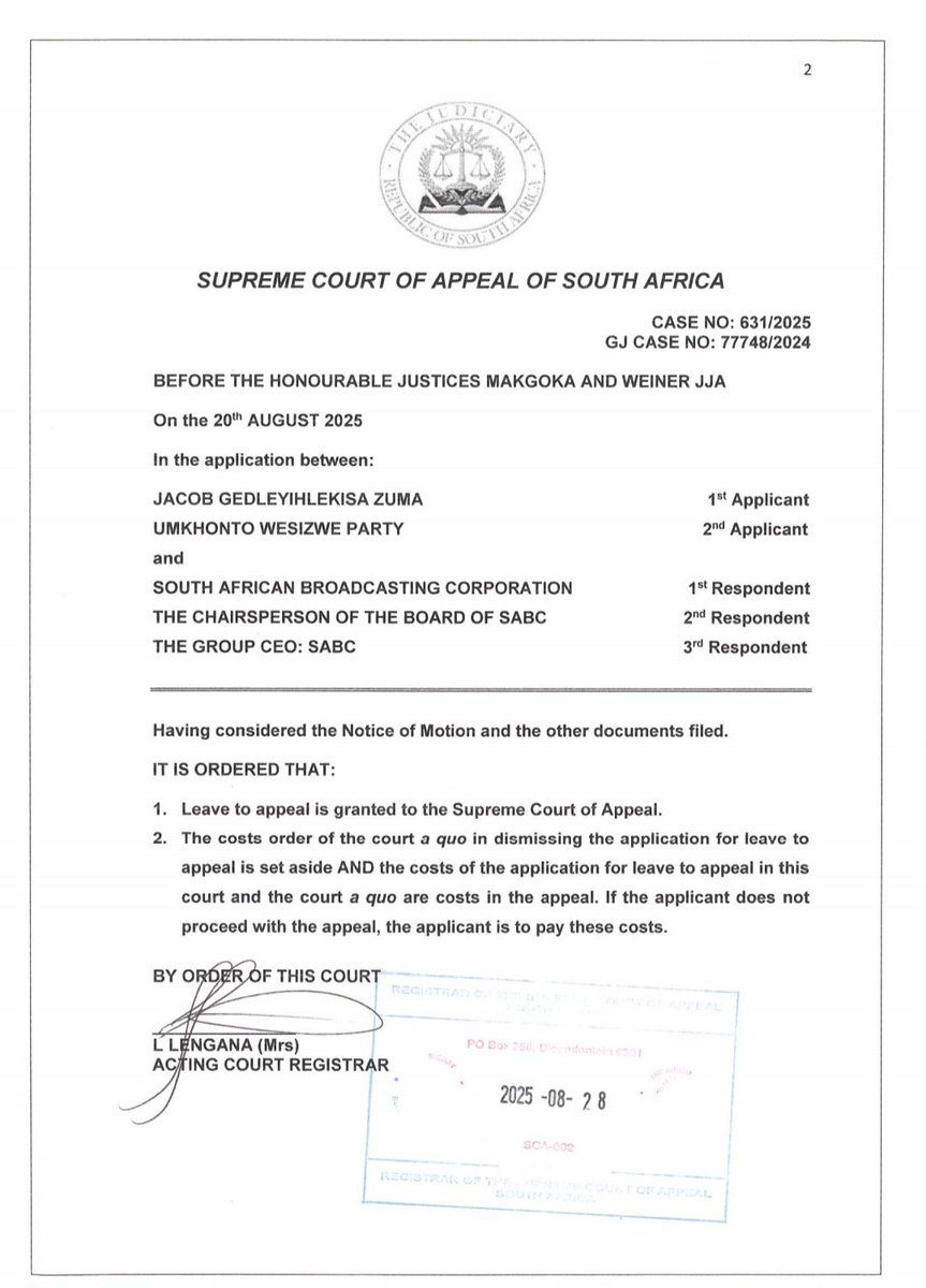 The Supreme Court of Appeal has granted MK leave to appeal in matter between MK and SABC over the usage of the term "GNU" to describe the Government of the day. The High Court had dismissed MK's leave to appeal.