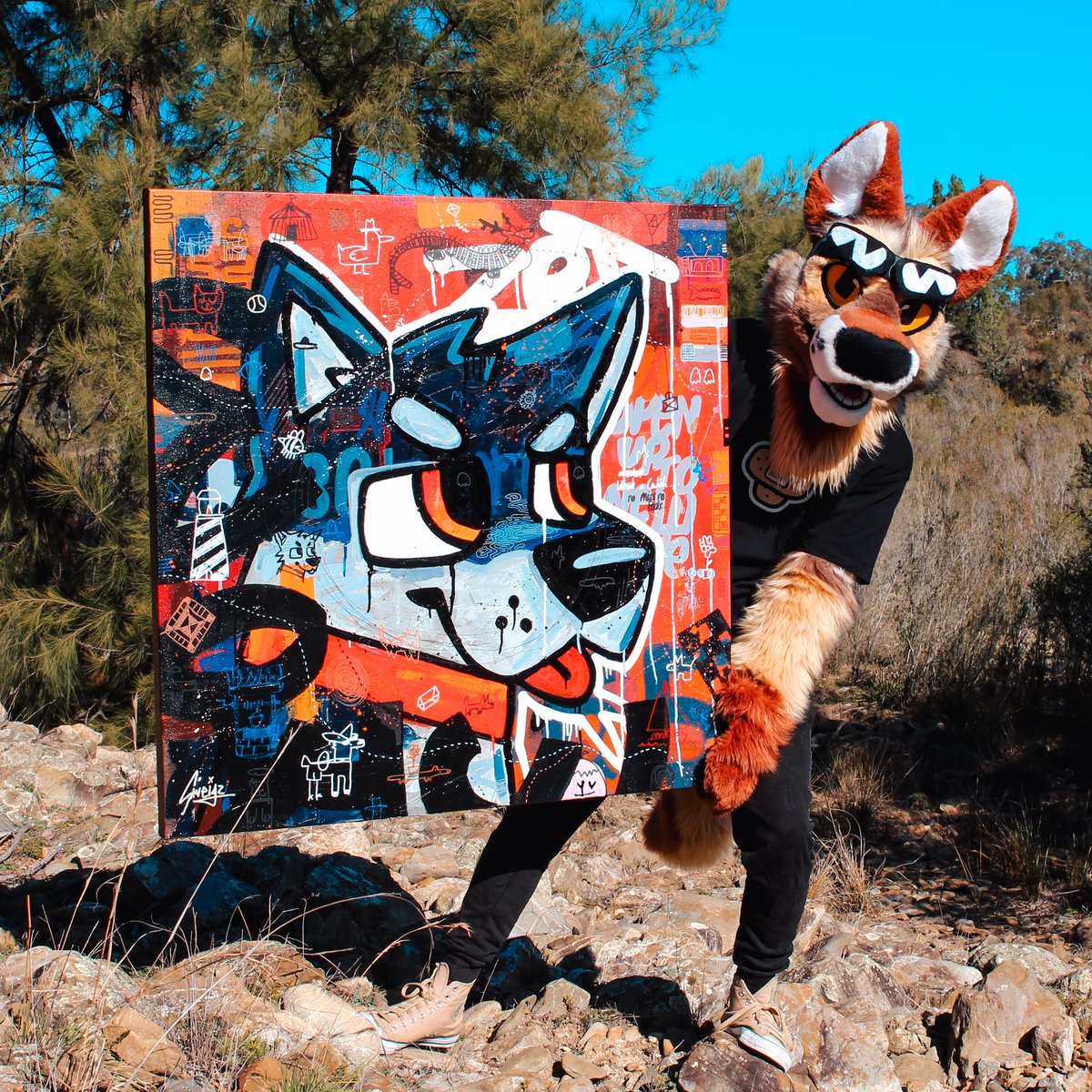 “Zet” 2025 
Commission Piece for <a href="/zet_soku/">Zet</a> 

Acrylic, Alcohol Markers, Spray Paint on Canvas
1015mm x 1015mm 

#acrylic #doodles #dog #red