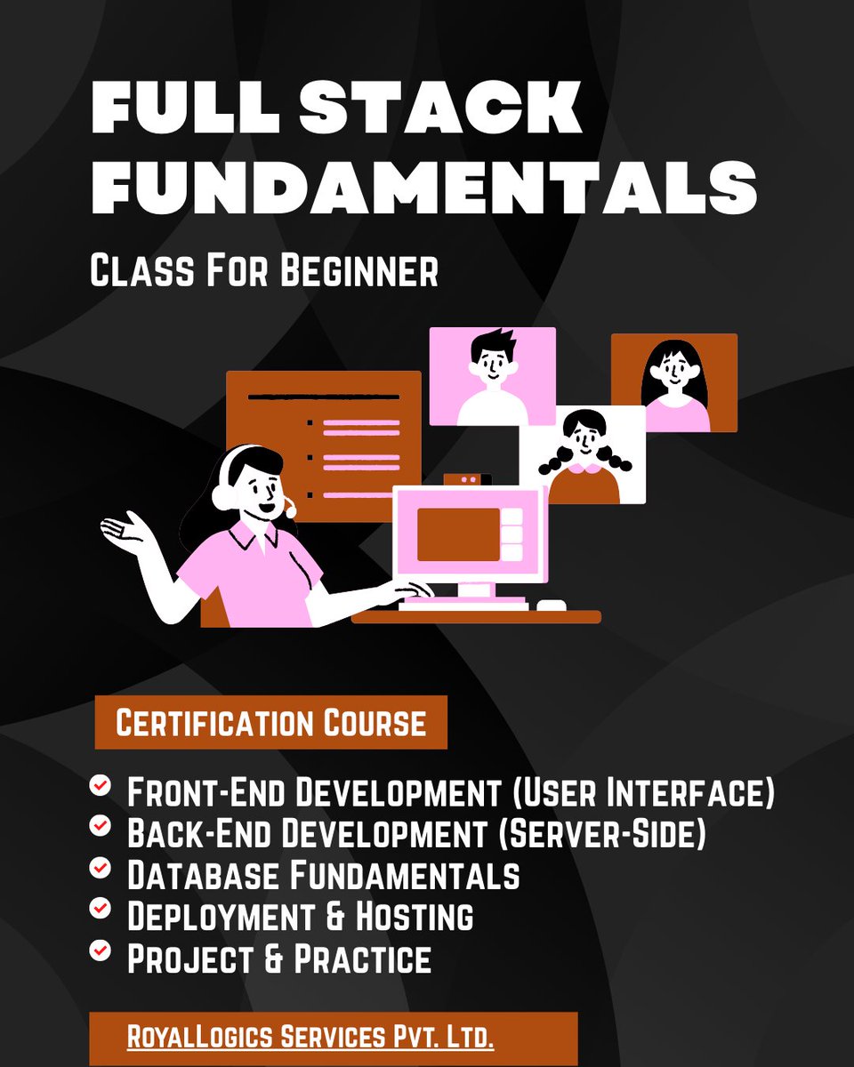 Royallogics1's tweet image. 🎓 Full-Stack Fundamentals Course in Mohali 🚀
Certification Course
Front-End Development (User Interface)
Back-End Development (Server-Side)
Database Fundamentals
Deployment & Hosting
Project & Practice
#FullStackDevelopment #FullStackCourse #MohaliTraining #WebDevelopment