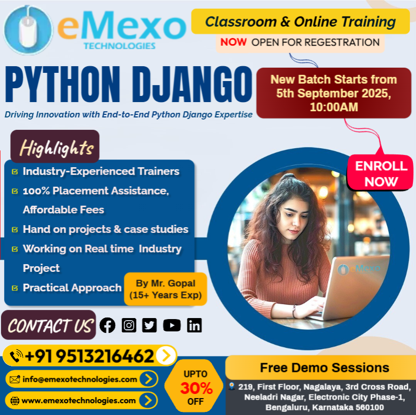 eMexoTechSEO's tweet image. Python Django Training in Electronic City, Bangalore🌐-eMexo Technologies!
Calling All Future Web Developers! @everyone @highlight @followers
📞Call/WhatsApp: +91 9513216462
📧Email: info@emexotechnologies.com
🔗Course Details &amp;amp; Enrollment: emexotechnologies.com/courses/python…
🔖#PythonDjango