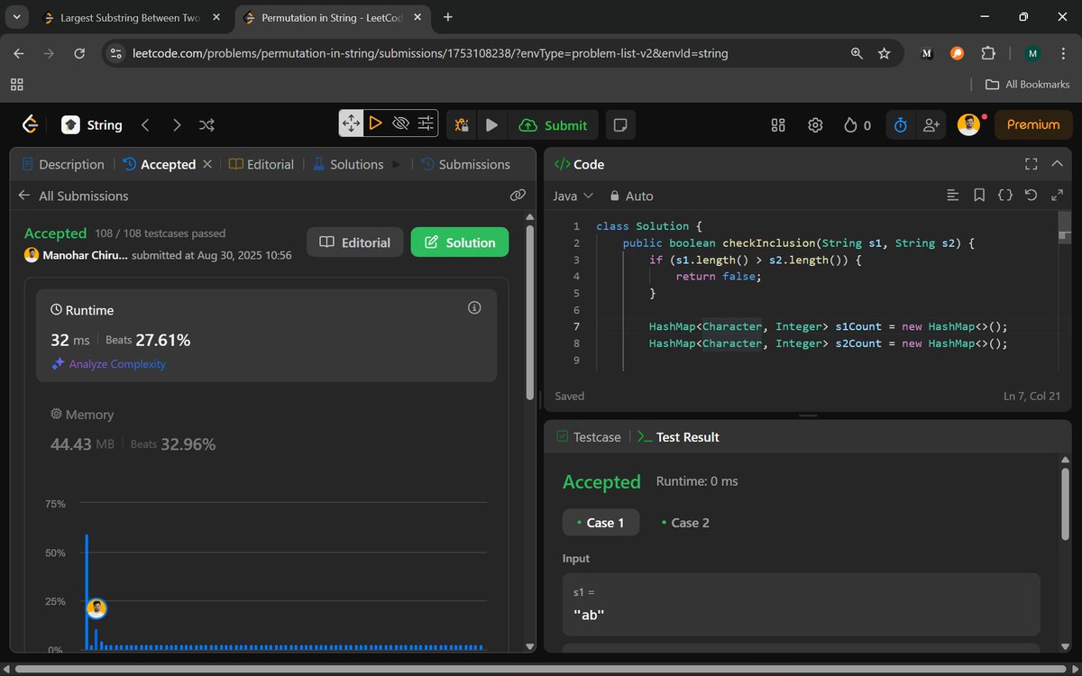 Manohar2909's tweet image. 🚀 Day 91/100: From HashMaps to Sliding Windows → Solving String Problems Efficiently!
1624. Largest Substring Between Two Equal Characters
567. Permutation in String
#JavaWithDSA #StringAlgorithms #HashMap #SlidingWindow #ProblemSolving #CodingChallenge #DSA #LeetCode #Tech