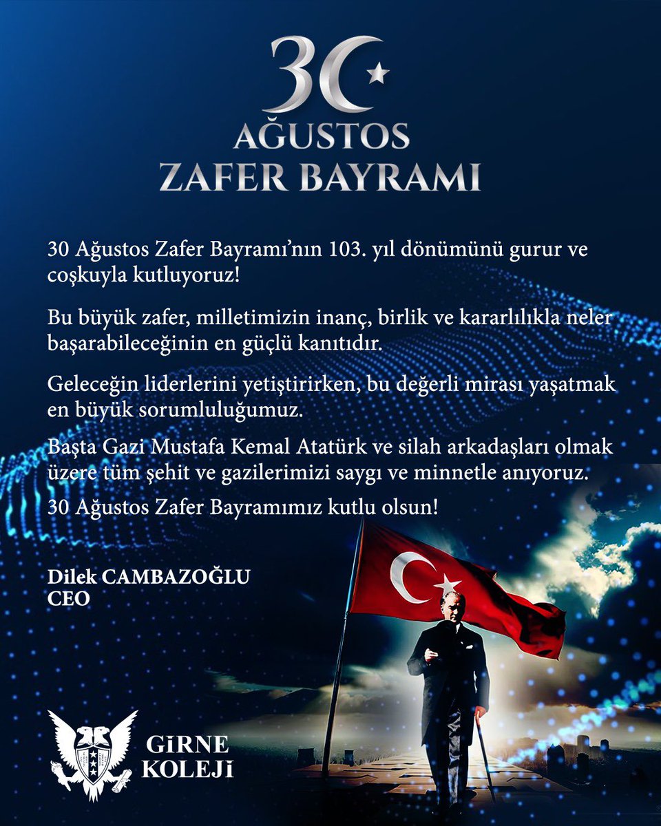 Zaferin 103. yılı…
Gazi Mustafa Kemal Atatürk’ün önderliğinde kazanılan bu büyük zafer, bağımsızlığımızın ve özgürlüğümüzün en güçlü simgesidir.

Bu gururu hep birlikte yaşıyoruz!

30 Ağustos Zafer Bayramımız kutlu olsun!🇹🇷