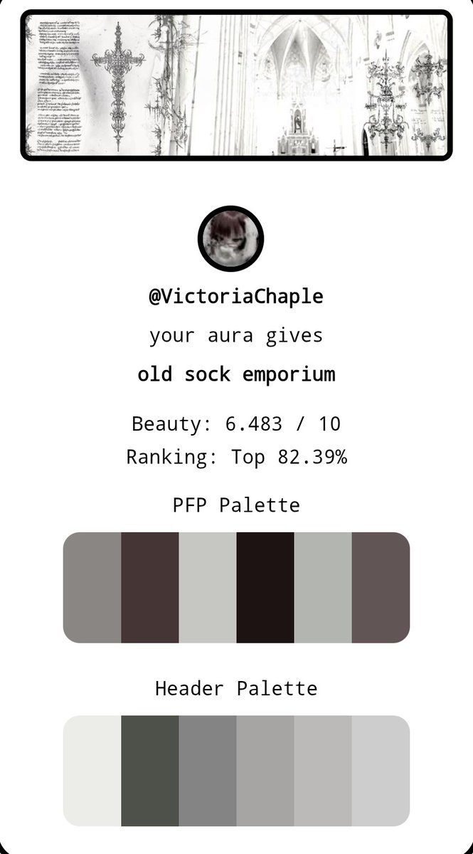 VictoriaChaple's tweet image. 𓏲 𝘵𝘺𝘱𝘪𝘯𝘨...
    Old Sock Emporium... Yk what, I'm not unhappy with this result. 
[ LINK: twitter-aura2.vercel.app ]