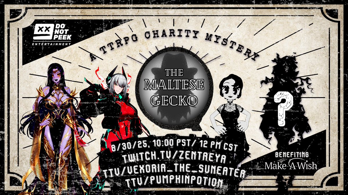 This party's just getting started. <a href="/VexTheSunEater/">Vexoria the Sun Eater 🌞 🐍</a> joins <a href="/zentreya/">Zentreya⚡🐲⚔️</a> &amp; <a href="/pumpkinpotion/">🎃 Pumpkin Potion</a> in THE MALTESE GECKO, a charity TTRPG adventure supporting <a href="/MakeAWish/">Make-A-Wish America</a> tomorrow, 8/30, at 10am Pacific!

And how about one more surprise player, hmm? 👀