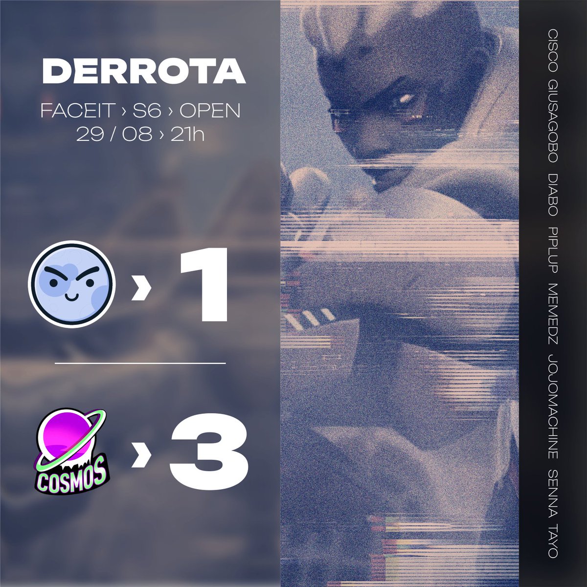 🌑 Derrota... 🌑

Não conseguimos superar a Cosmos dessa vez. GG para elas pelo jogo

Voltaremos mais fortes na próxima partida.