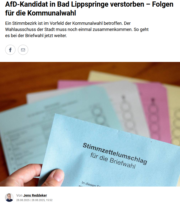 PeterBorbe's tweet image. 4 tote AfD-Kandidaten innerhalb von 2 Wochen bei den NRW-Kommunalwahlen: Wolfgang Seitz (Rheinberg), Ralph Lange (Blomberg), Stefan Berendes (Bad Lippspringe), Wolfgang Klinger /Schwerte), alle 4 starben plötzlich und unerwartet.
Eine erstaunliche Häufung von Todesfällen, oder?