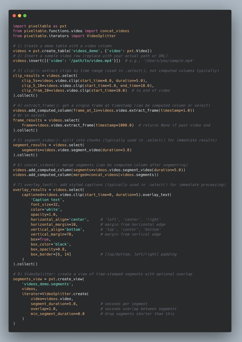 Latest video-related built-in UDFs we added: clip(), extract_frame, segment_video(), concat_videos(), overlay_text(), and VideoSplitter!