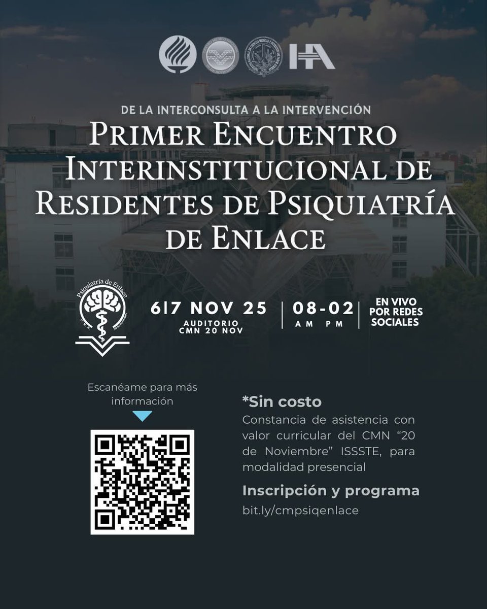 Se viene el mejor #Congreso de #PsiquiatríaDeEnlace del año en #México 

Las 4 sedes de #PsiquiatríaDeEnlace del país estaremos presentes 

<a href="/TecdeMonterrey/">Tecnológico de Monterrey</a> <a href="/incmnszmx/">INCMNSZ</a> 
<a href="/hospitalangeles/">Hospital Angeles Health System</a> <a href="/cmn20noviembre/">C.M.N. 20 de Nov.</a> 

Transmisión en vivo para todo #México y el 🌎 

Por ahí estaremos!