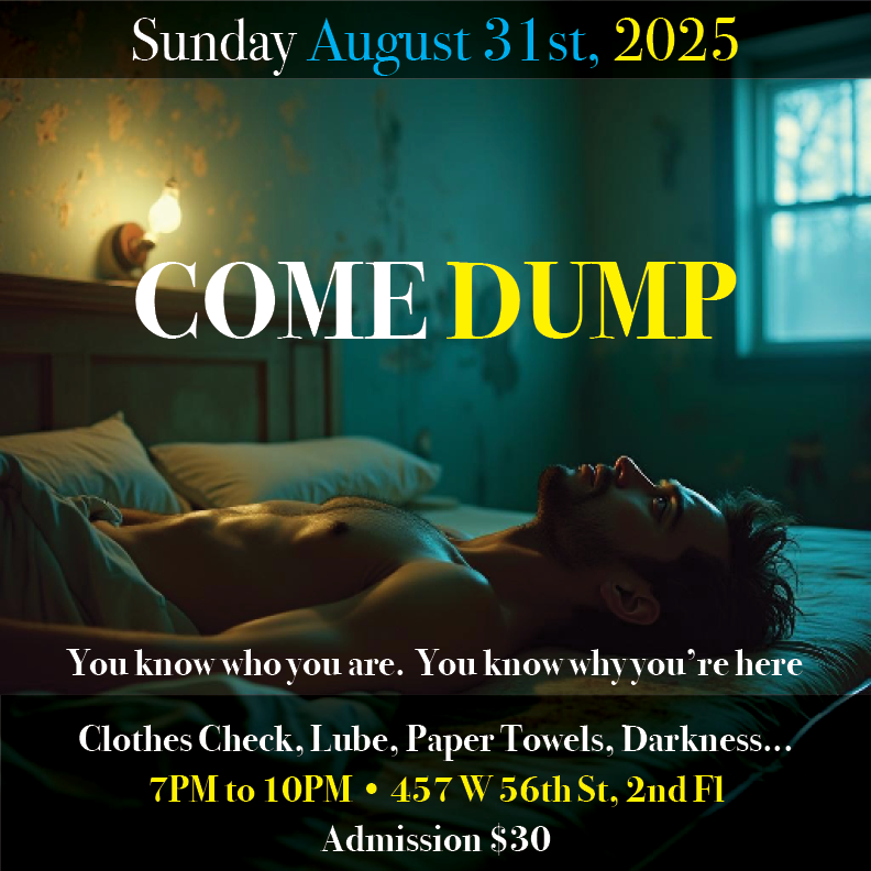 faggotCuntNYC's tweet photo. Join us this week at our new time: Sunday, August 31st, 7-10PM at 457 W 56th St, 2nd Fl between 9th and 10th Avenue. Clothing Check. Email us at pervgatheringsnyc@gmail.com to get on the mailing list. 21+. #nycgayparty #gaysexparty #NYC #hellskitchen #rawislaw #barebacking https://t.co/4FQn60Qw3r