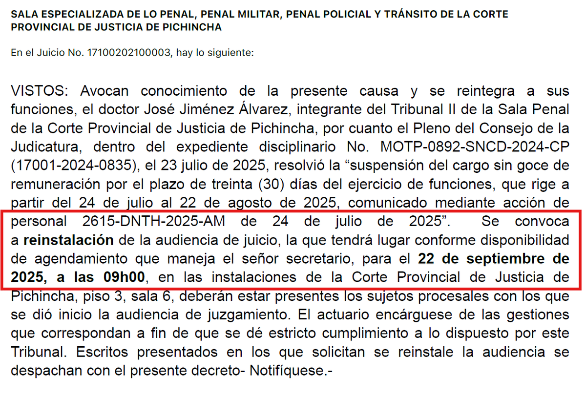 MinutoJusticia's tweet photo. 🚨 #ÚLTIMAHORA | Tras más de 1.900 días, el caso #PruebasPCR llega al descenlace de la primera instancia.
La Corte Provincial de Pichincha fijó para el 22 de septiembre la reinstalación de la audiencia en la que se leerá la sentencia de primera instancia contra el exalcalde de Quito Jorge Yunda @LoroHomero, la científica @lindaguaman y otros 12 procesados.
📌 Publicaciones como Science y Nature han señalado este proceso como un ejemplo de criminalización del trabajo científico en referencia a la científica ecuatoriana Linda Guamán, quien en 2023 fue finalista de los Premios Maddox que reconcen a quienes continúan haciendo ciencia pese a la persecución y situaciones adversas.