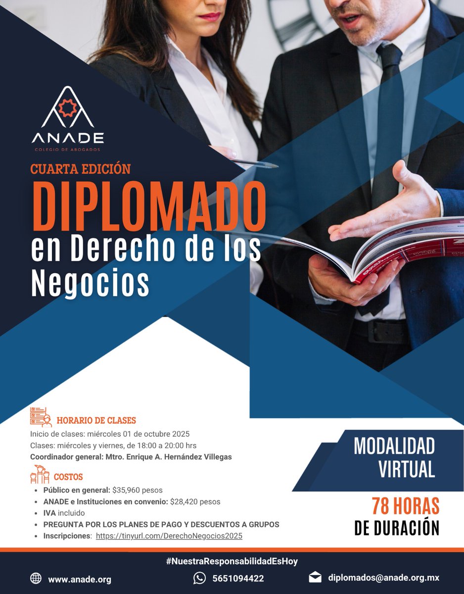 El Diplomado en Derecho de los Negocios de #ANADE responde a la necesidad del sector empresarial de contar con personas capacitadas que integren el dominio técnico jurídico junto con una comprensión profunda del funcionamiento organizacional.

👉 tinyurl.com/DerechoNegocio…