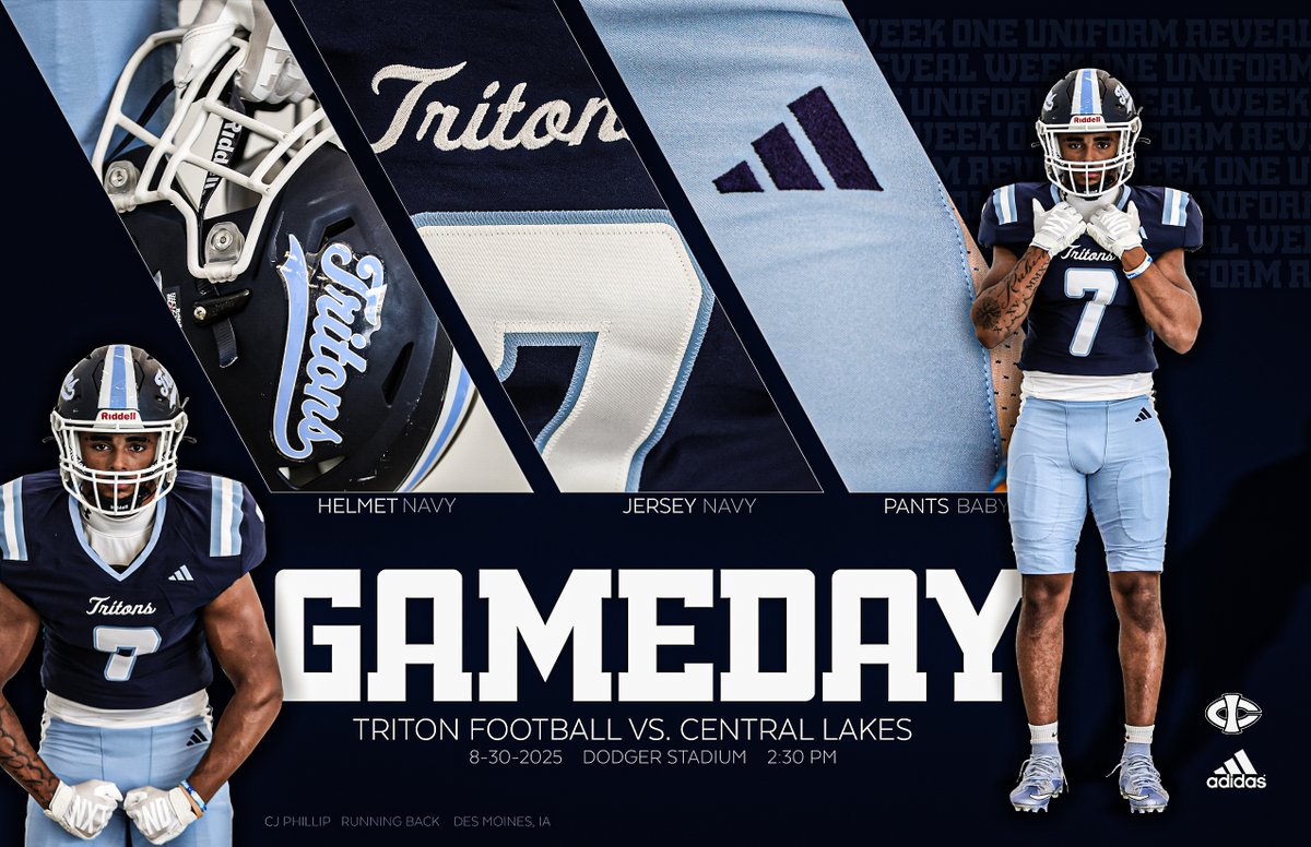 Iowa Central Tritons (@ictritons) on Twitter photo These are 🔥! It's navy, navy, baby blue for Saturday's (8/30) <a href="/TritonNation/">Iowa Central Football</a> season opener with Central Lakes! Kickoff is set for 2:30 PM at Dodger Stadium! 🔱 #TritonNation #TritonsStandTall #BeATriton #UniformReveal #ThreeStripe These are 🔥! It's navy, navy, baby blue for Saturday's (8/30) <a href="/TritonNation/">Iowa Central Football</a> season opener with Central Lakes! Kickoff is set for 2:30 PM at Dodger Stadium! 🔱 #TritonNation #TritonsStandTall #BeATriton #UniformReveal #ThreeStripe