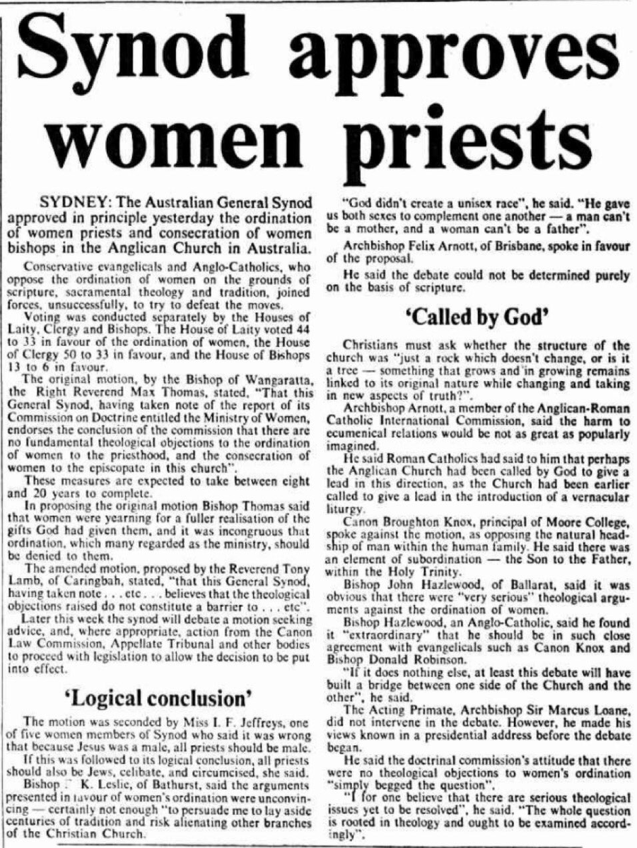 AustAnglican's tweet image. 29 August 1977: opening of the fifth General Synod of the Church of England in Australia. General Synod voted the same day to endorse the conclusion of the Doctrine Commission report on the Ministry of Women, hence the headline below. #anglican #48years