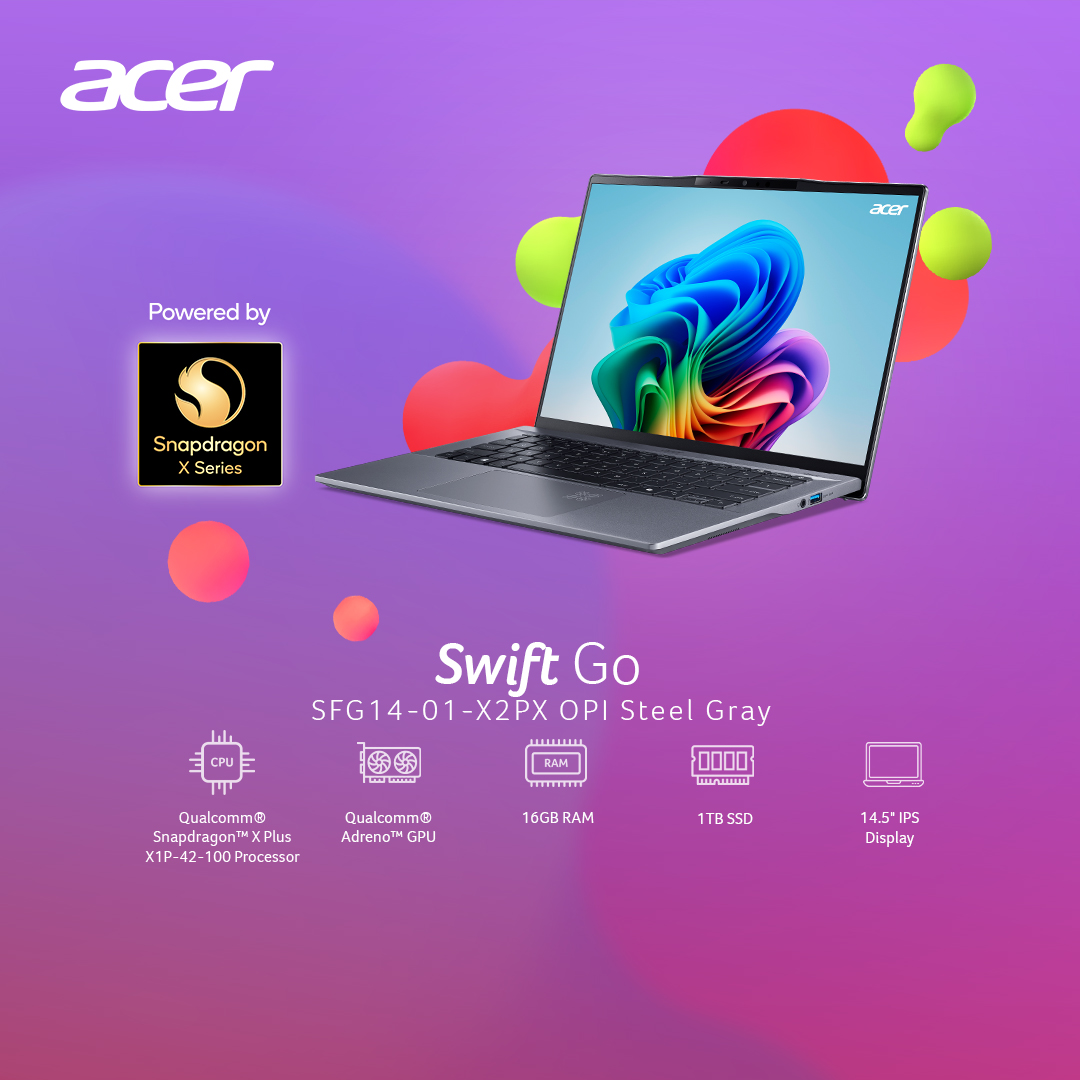 AcerPhils's tweet image. The #AcerSwiftGo 14 is your next-gen #AIPC, powered by Qualcomm® Snapdragon™ X + serious creative specs: Qualcomm® Adreno™ GPU, 14.5” IPS display, 16GB RAM, and 1TB SSD storage. You bring the vision, this machine brings the muscle.

Own the power to create today at the Acer…