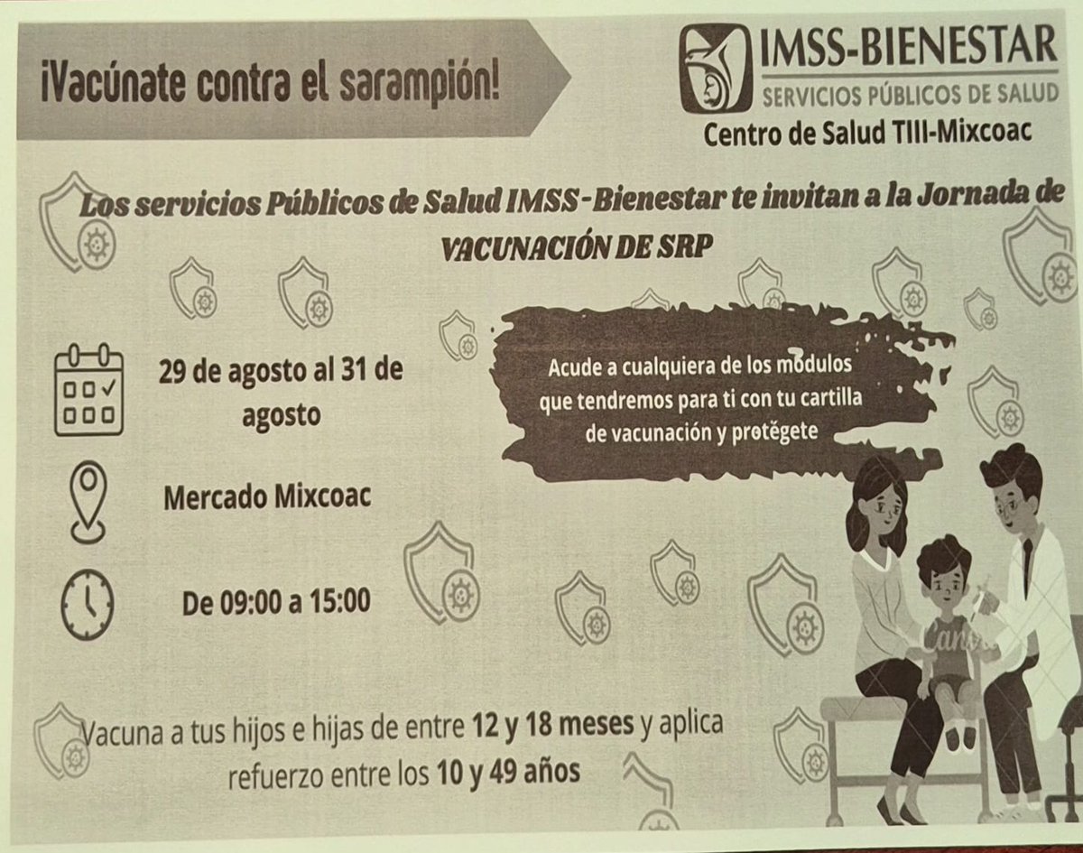 📢 ¡Protege tu salud y la de tu familia! 💉🦠

Del 29 al 31 de agosto, asiste a la Jornada de Vacunación contra el sarampión en el Mercado Mixcoac, de 09:00 a 15:00 h.

No olvides llevar tu cartilla de vacunación. ✔️

#ComunidadDGB #SaludYBienestar #Vacunación