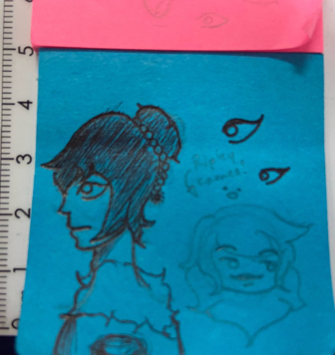 Doodles from today

Ft: <a href="/vxpider/">void // xpider</a> technically cuz the little ink blob on the upper right of the orange sticky note is Aether to me lmao