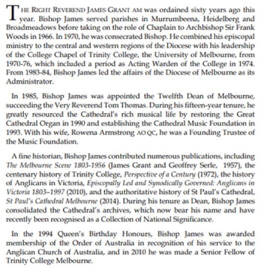 AustAnglican's tweet image. 30 August 1931: birth (Red Cliffs VIC) of James Alexander Grant, Assistant Bishop in Melbourne 1970-1999; Dean of Melbourne 1985-1999; author of the diocesan history. Obiit 10 July 2019. #anglican #94years Our only bishop born in the Diocese of St Arnaud (during its existence).