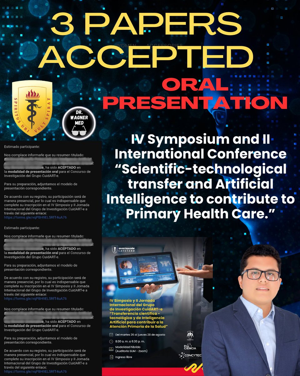 🙏 Grateful to God to share that 3 of my research papers were accepted as Oral Presentations, the highest category in conferences, at @UPCHoficial 🇵🇪. Honored to contribute as both author and advisor to advancing health and innovation. 🌍⚕️✨