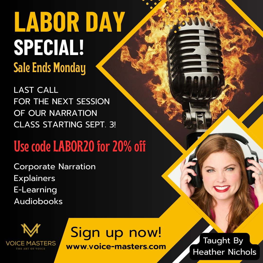 VOMasters's tweet image. 🚨 LAST CHANCE 🚨
🔥 Labor Day Sale! Use code LABOR20 for 20% OFF your class!
👉 Sign up now before it’s too late: bit.ly/VMAUDIBOOKSNAR…
#VoiceMasters #VoiceOver #Audiobooks #Narration #VoiceActing #LaborDaySale #LastChance