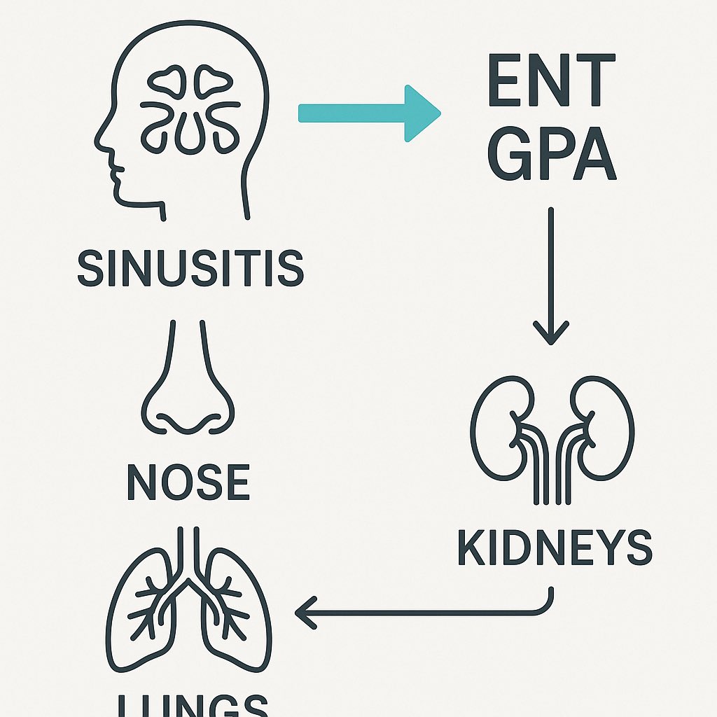 Rheumat_Aravind's tweet image. 2. Just sinusitis?
Recurrent sinusitis, ear infections, or epistaxis might be ENT’s problem.
But add hematuria or lung shadows, and GPA (Granulomatosis with polyangiitis) enters the picture.