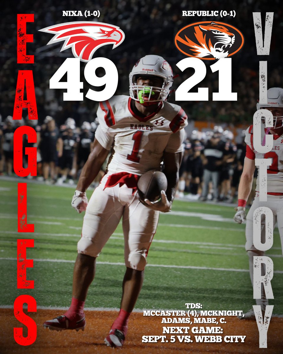 Nixa Athletics (@nixaathletics) on Twitter photo 🏈🔥 SEASON OPENER = WIN 🔥🏈
Big shoutout to our <a href="/NixaFootball/">nixafootball</a> for kicking off the season on the road with a W! 💪
➡️ Final Score: Nixa 49, Republic 21
Jayden McCaster kicks off his Nixa career with a monster 4 TD night. Carter Mabe and Jax Adams both tally their first career 🏈🔥 SEASON OPENER = WIN 🔥🏈
Big shoutout to our <a href="/NixaFootball/">nixafootball</a> for kicking off the season on the road with a W! 💪
➡️ Final Score: Nixa 49, Republic 21
Jayden McCaster kicks off his Nixa career with a monster 4 TD night. Carter Mabe and Jax Adams both tally their first career