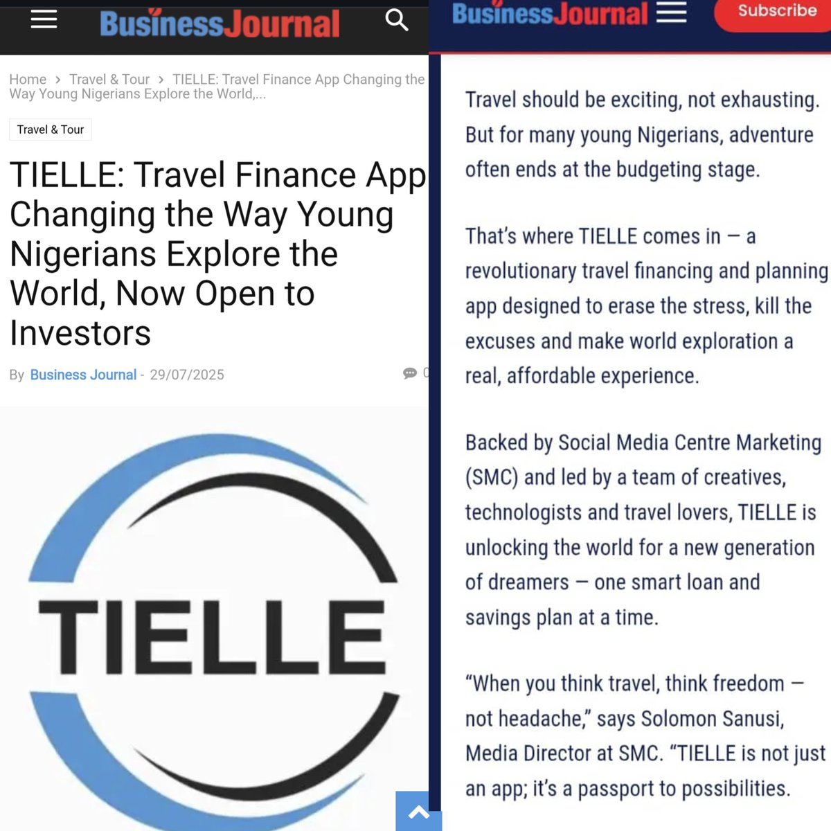 READ THE FULL STORY: businessjournalng.com/tielle-travel-…

#TIELLE #TravelFintech #Startup #InvestInAfrica #Africa #investor #YoungNigeriansAbroad #Funding                       
#SMConline #News #traveling