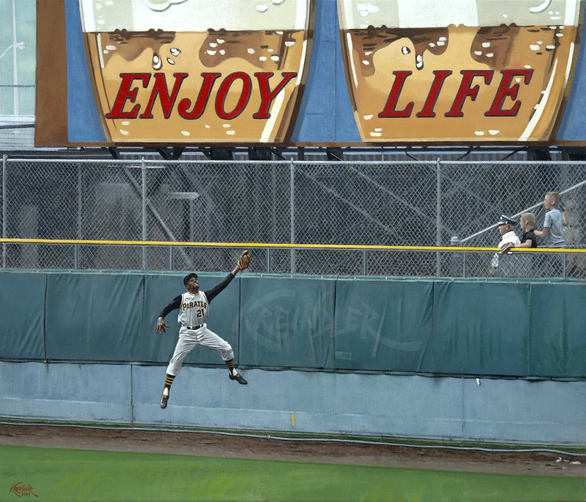 My finished painting of Roberto Clemente catching a drive off the bat of Henry Aaron, June 9, 1962 at County Stadium. This painting was NOT easy.