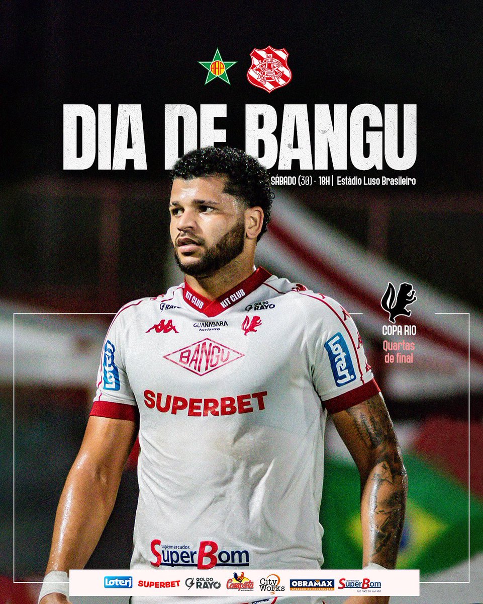 🇵🇱 É dia de Bangu! Juntos pela Copa Rio! #CadaJogoUmaFinal 

🆚 Portuguesa
🕒 18h
🏟️ Estádio Luso Brasileiro
🏆 Copa Rio
🕹️ Quartas de final - volta
📺 Cariocão TV