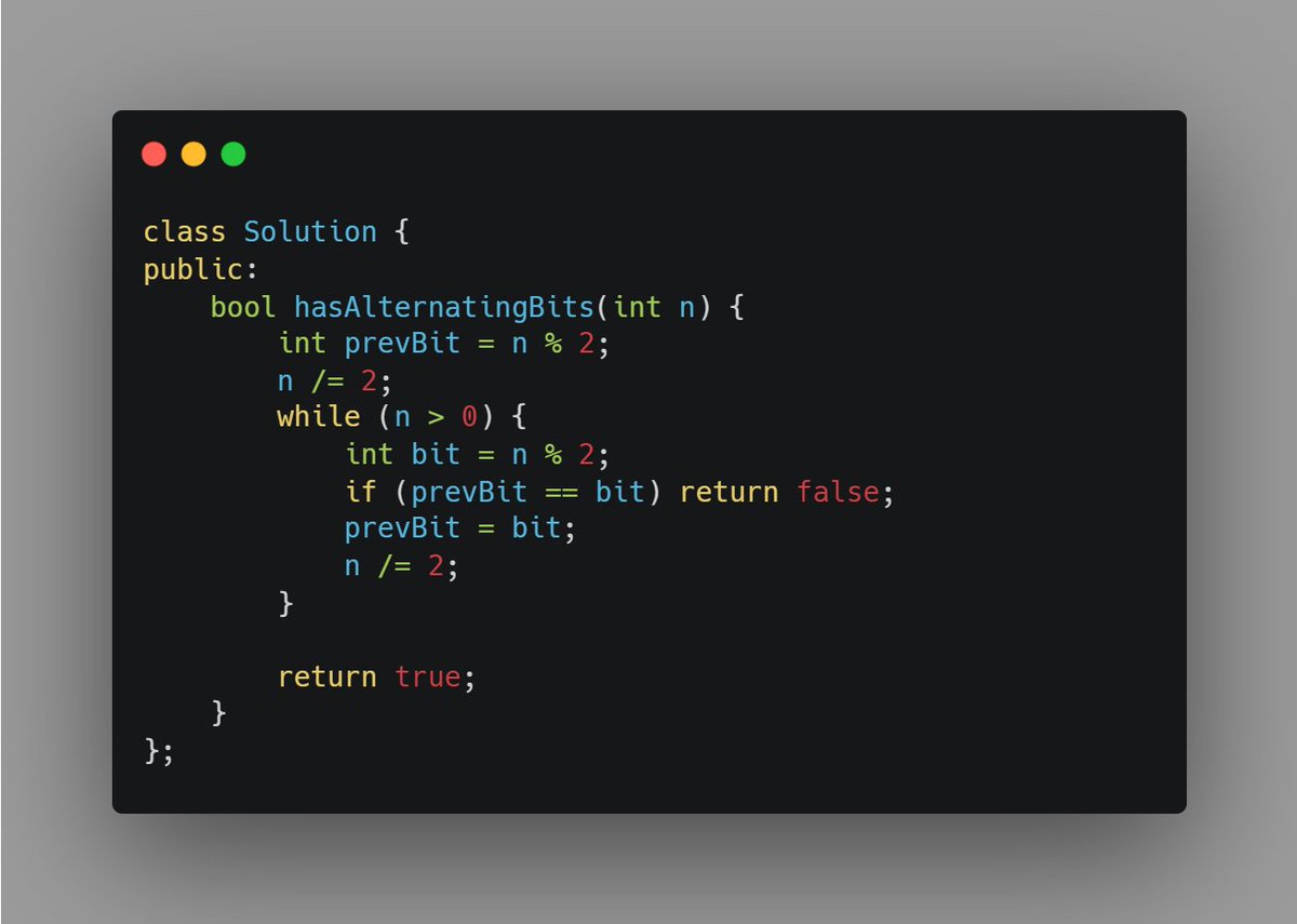 ifaldziah's tweet photo. Day 237 of #OneDayOneLeetCode | Easy
Nyoba nyari solusi O(1) tapi ga ketemu akhirnya pake solusi yg gampang aja π. Ambil aja tiap bit terus cek bit sekarang sama sebelumnya sama atau beda, kalau sama langsng return false
https://t.co/cOmw5vPWAT
#DailyLeetCodeChallenge https://t.co/FXtNyV5AsU
