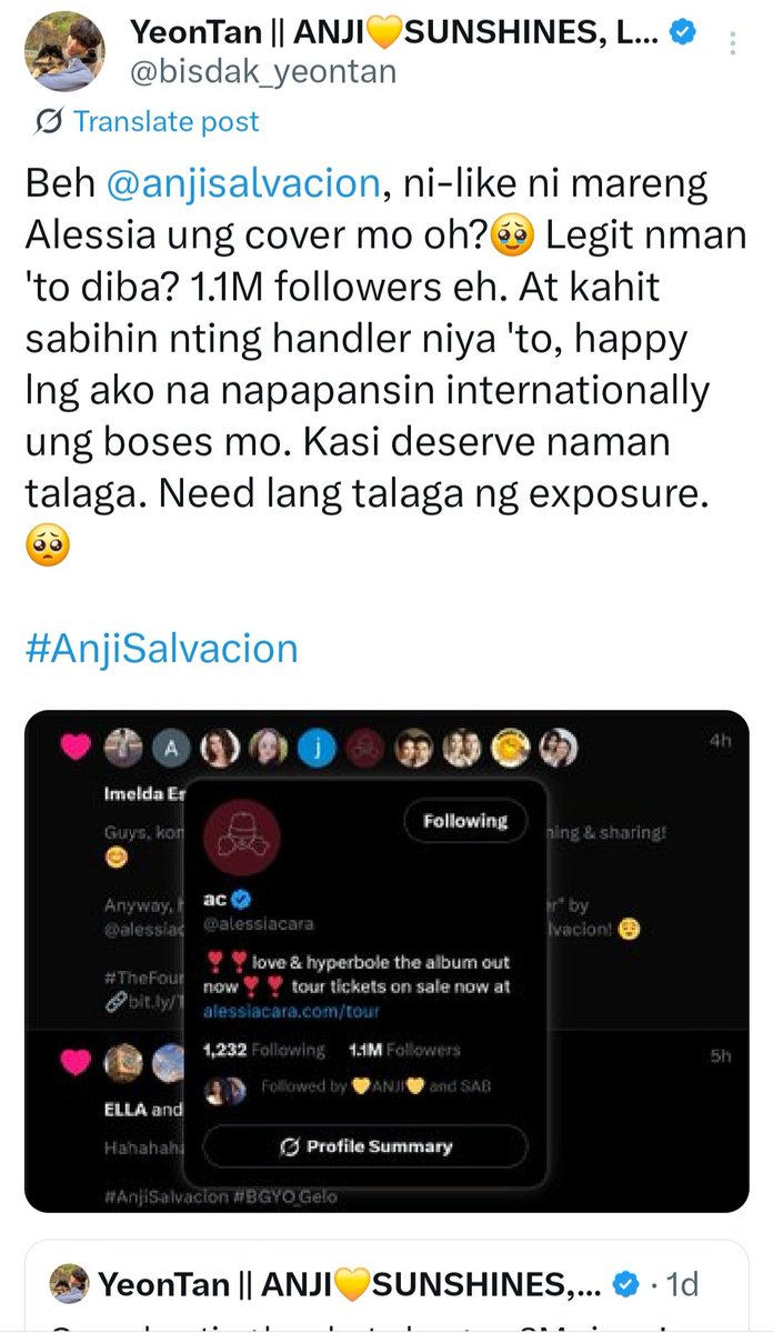 Ang bongga! Congrats <a href="/anjisalvacion/">anji</a>!👏👏👏 I'm so happy na naaappreciate ka ng mismong artists na kumanta ng songs na kinocover mo. More pa sa future🙏 Thank you so much po <a href="/bisdak_yeontan/">YeonTan || ANJI💛SUNSHINES, LET'S STAY STRONG!</a> for this! Sana mapansin din ng <a href="/ABSCBNpr/">ABS-CBN PR</a> <a href="/ABSCBN/">ABS-CBN Entertainment</a> <a href="/starmagicphils/">Star Magic</a> 💛🥰

#AnjiSalvacion
#KyJi