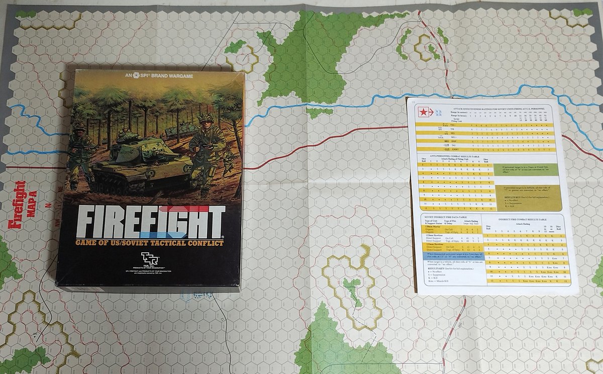 moritshchi's tweet photo. 「Firefight」はジェームズ・ダニガン作の現代戦戦術級ゲーム。米陸軍も訓練教材に用いた異色作で、1Hex=50m・1Turn=40秒の精密スケールで米ソ戦闘を再現。SPIらしい渋さが光る作品。
#ウォーゲーム #Firefight #SPI
https://t.co/P4JK3IJQYq https://t.co/vzvwAWY8fj