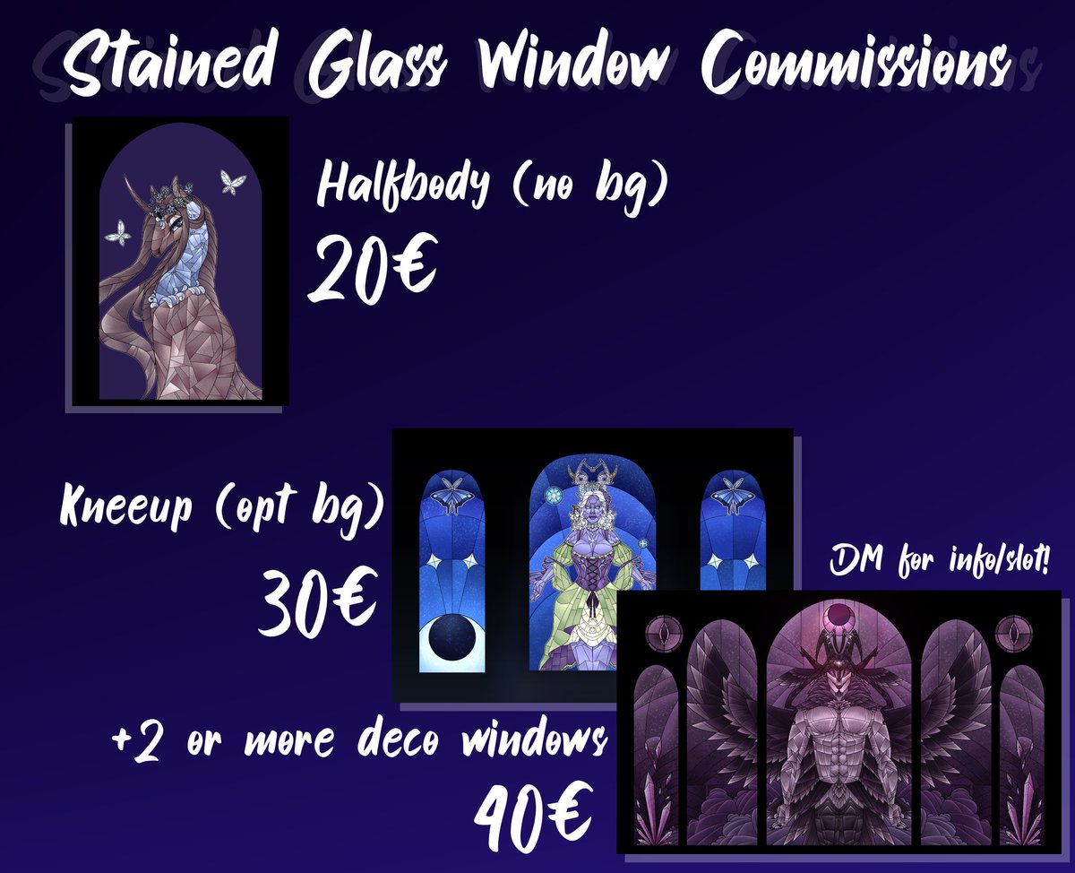 ✨STAINED GLASS WINDOW COMMISSIONS✨
3 slots, dm for further info or to claim a slot!
#commission #digitalart #stainedglasswindow #art

Full example pieces in the replies:
