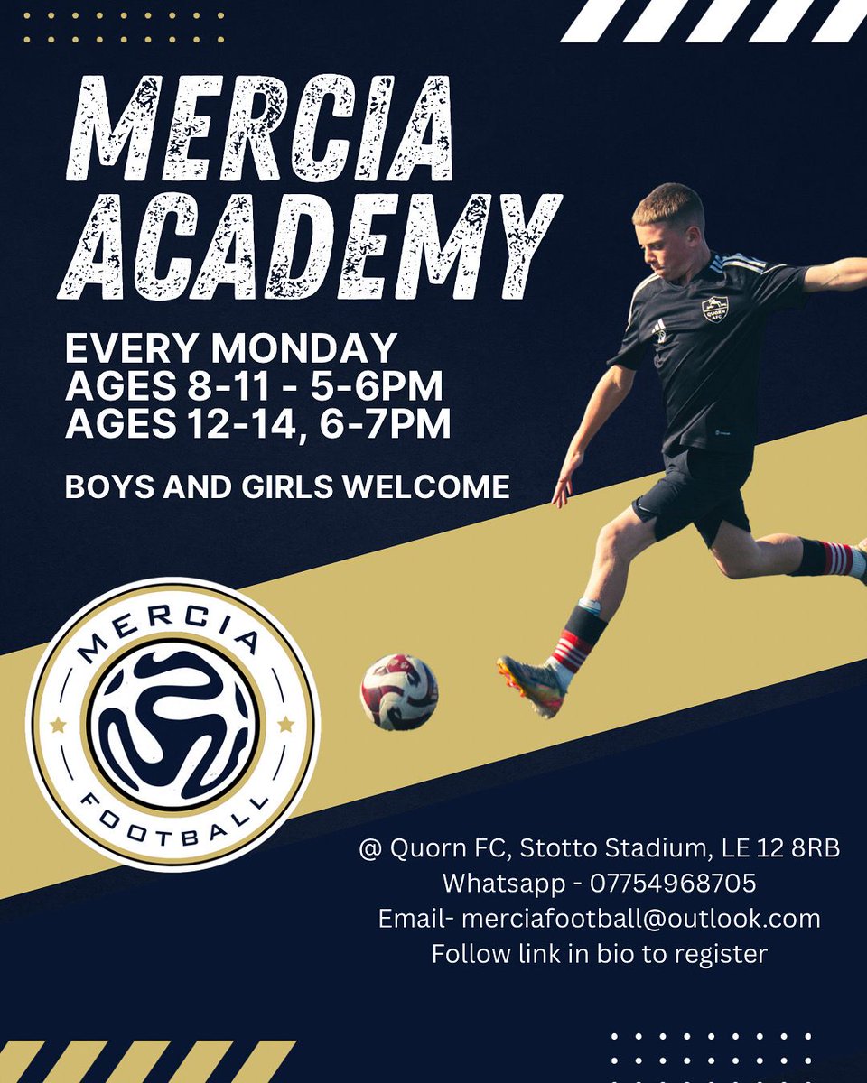 ⚽ Mercia Football Academy, starting September 1st at Quorn FC. Give your child the chance to take their football to the next level, with sessions designed for players already with a club, offering extra challenges, support, and inspiration. 🌟Sign up here linktr.ee/merciafootball