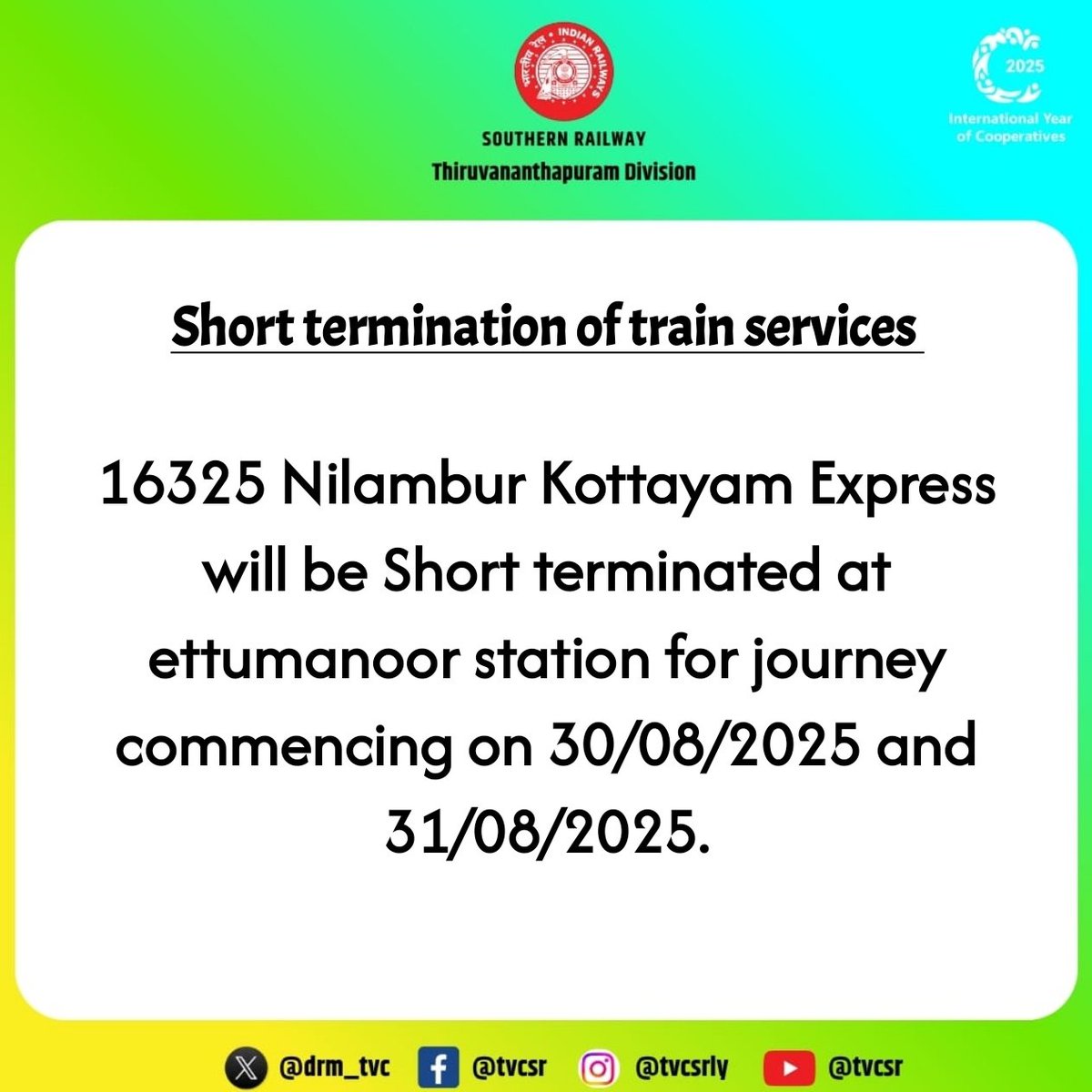 Attention Passengers! 🚨
Train No. 16325 Nilambur – Kottayam Express will be short-terminated at Ettumanoor station 30th &amp; 31st August. Please plan your journey accordingly.
We regret the inconvenience and appreciate your understanding 🙏🏼
#TVCSR