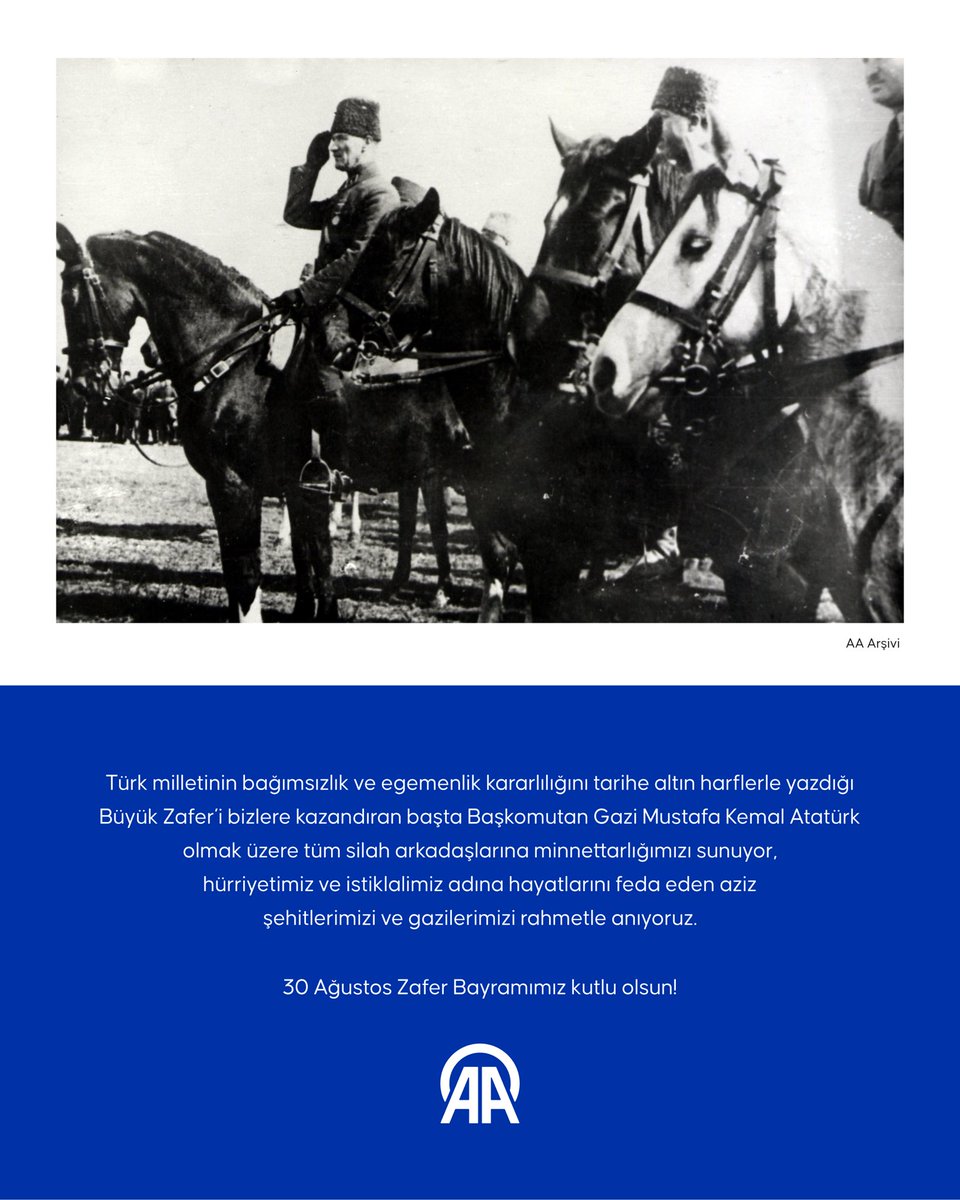 Türk milletinin bağımsızlık ve egemenlik kararlılığını tarihe altın harflerle yazdığı Büyük Zafer’i bizlere kazandıran başta Başkomutan Gazi Mustafa Kemal Atatürk olmak üzere tüm silah arkadaşlarına minnettarlığımızı sunuyor, hürriyetimiz ve istiklalimiz adına hayatlarını feda