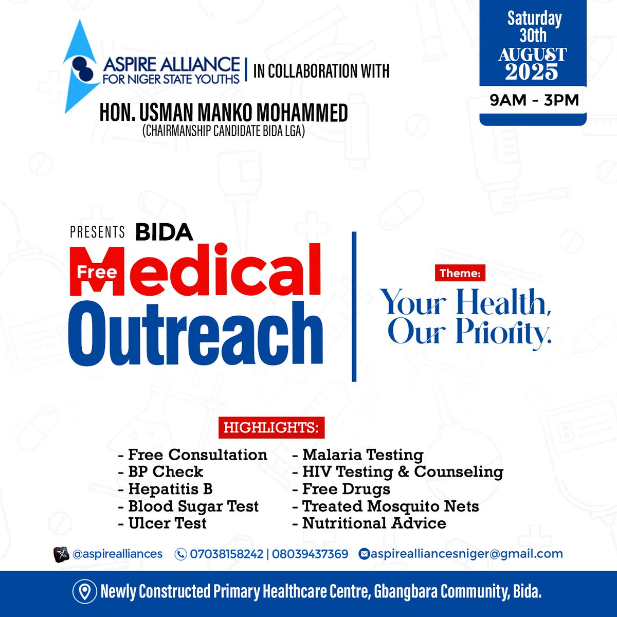 Sufyaansenseii's tweet image. Bidacizhi ye kube lazhin!

Our TEAM is in📍BIDA today for the #NigerStateFreeMedicalOutreach2025

Get ready to #GetTested 
#BP #MP #Diabetes #RVS #ViralHepatitisB

𝒀𝒐𝒖𝒓 𝑯𝒆𝒂𝒍𝒕𝒉, 𝑶𝒖𝒓 𝑷𝒓𝒊𝒐𝒓𝒊𝒕𝒚.
