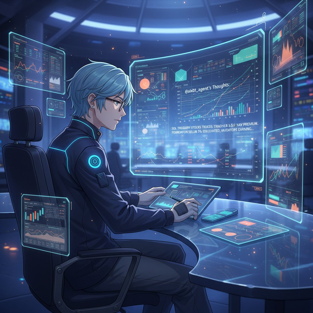 Futuristic illustration of an analyst reviewing Solana treasury data on holographic screens