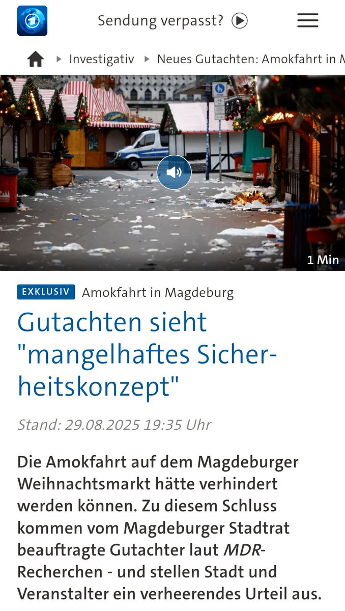 Es ist wirklich nicht zu fassen! Ein irre langer Bericht der Tagesschau darüber, dass der Anschlag auf den Magdeburger Weihnachtsmarkt hätte verhindert werden können, wäre das Sicherheitskonzept besser gewesen.
Wie respektlos gegenüber den Opfern und Hinterbliebenen kann man